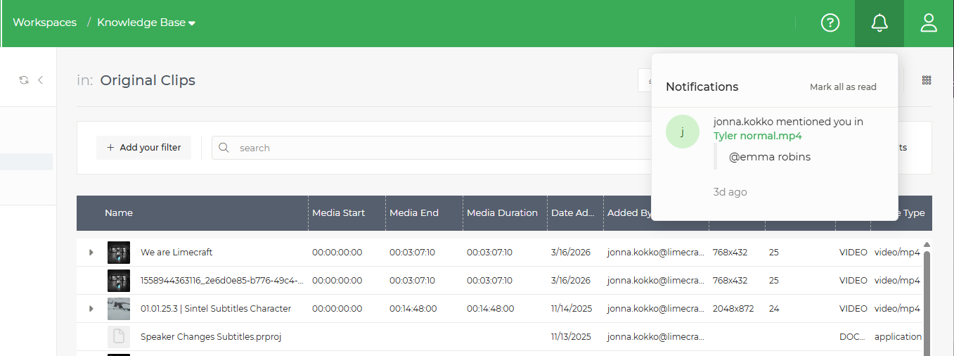 Limecraft screenshot showing an example of in-app notifications.