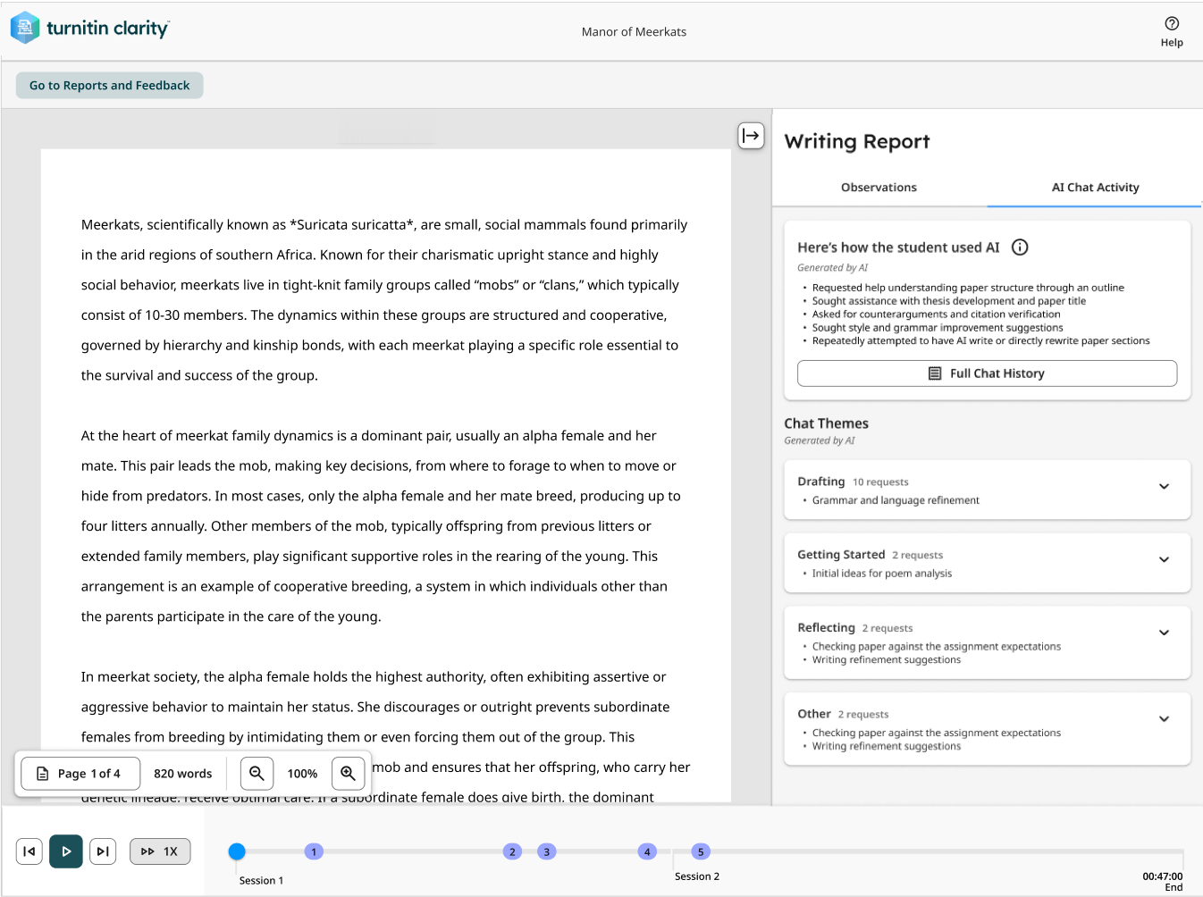 Example of the Turnitin Clarity Writing Report showing student writing metrics.