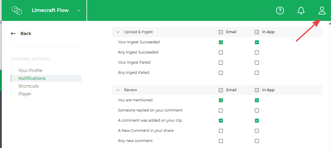 Limecraft screenshot showing how to open the notification centre from the user preferences.