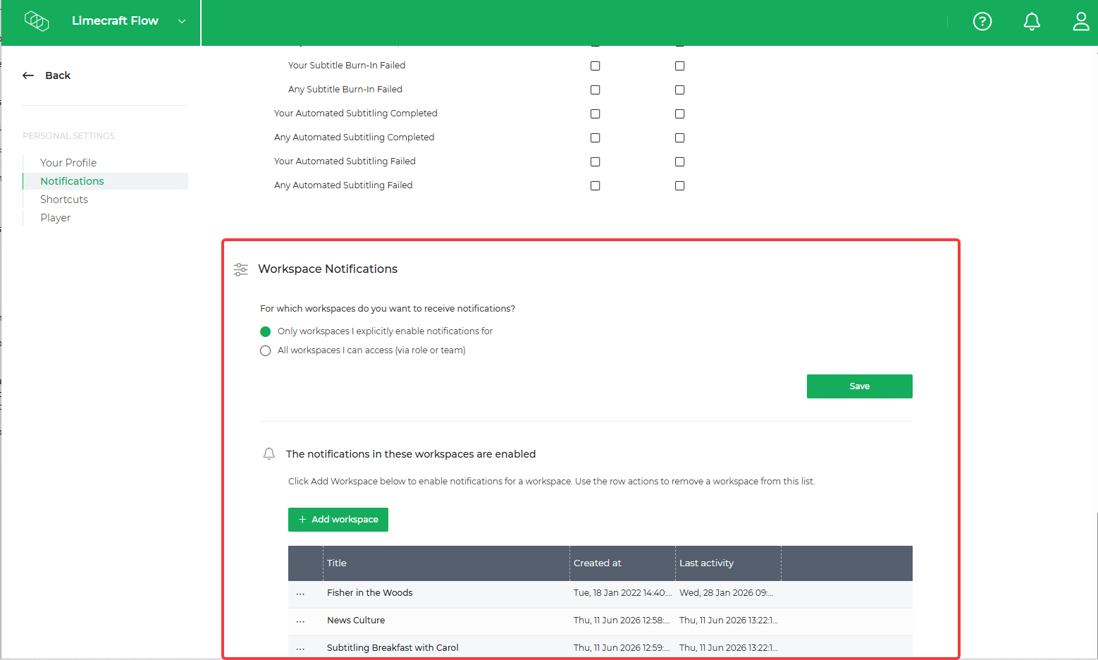 Limecraft screenshot showing where to find the workspace notifications settings.