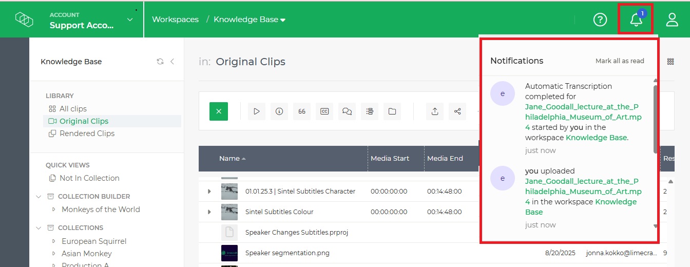 Limecraft screenshot showing an example of in-app notifications.