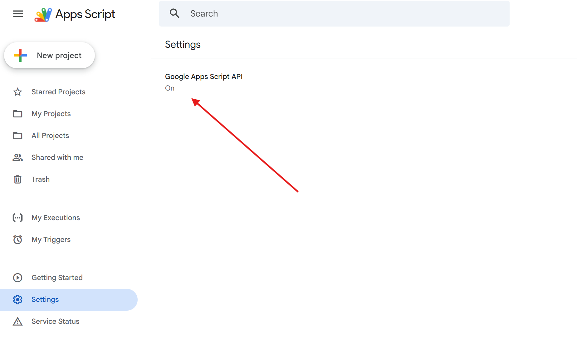 Screenshot: Google Apps Script API setting at script.google.com/home/usersettings