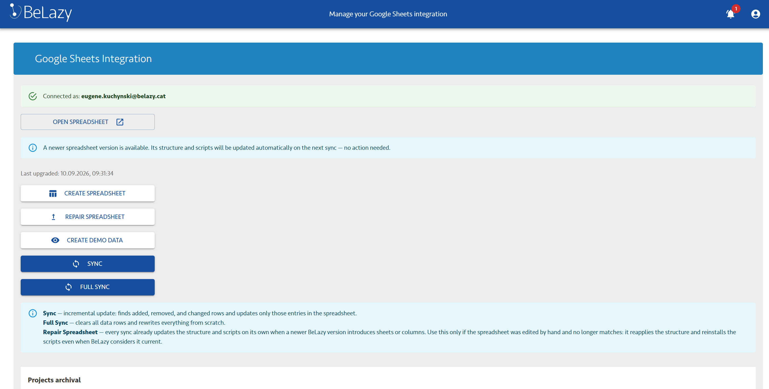 Screenshot: settings page showing the connected account