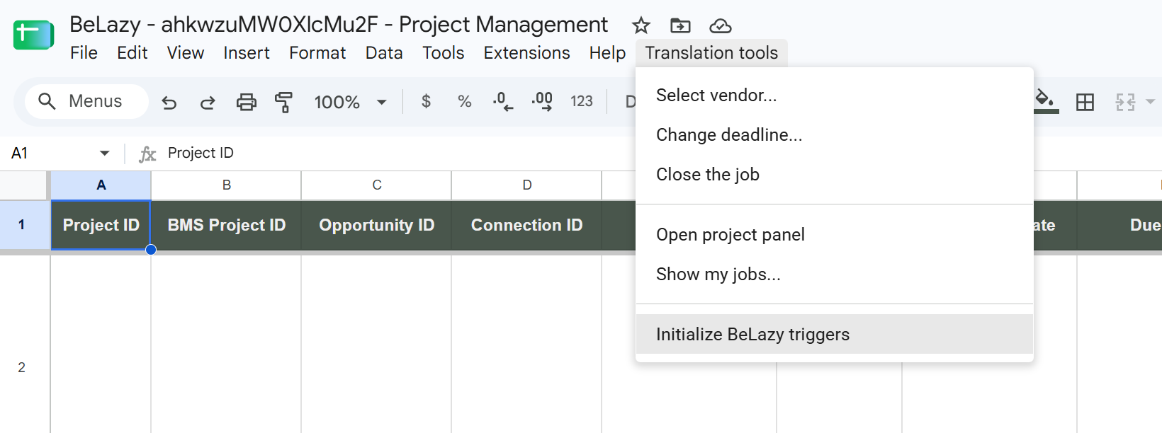 Screenshot: Translation tools menu, Initialize BeLazy triggers