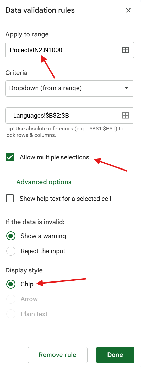 Screenshot: data validation panel with Chip display style and multiple selections
