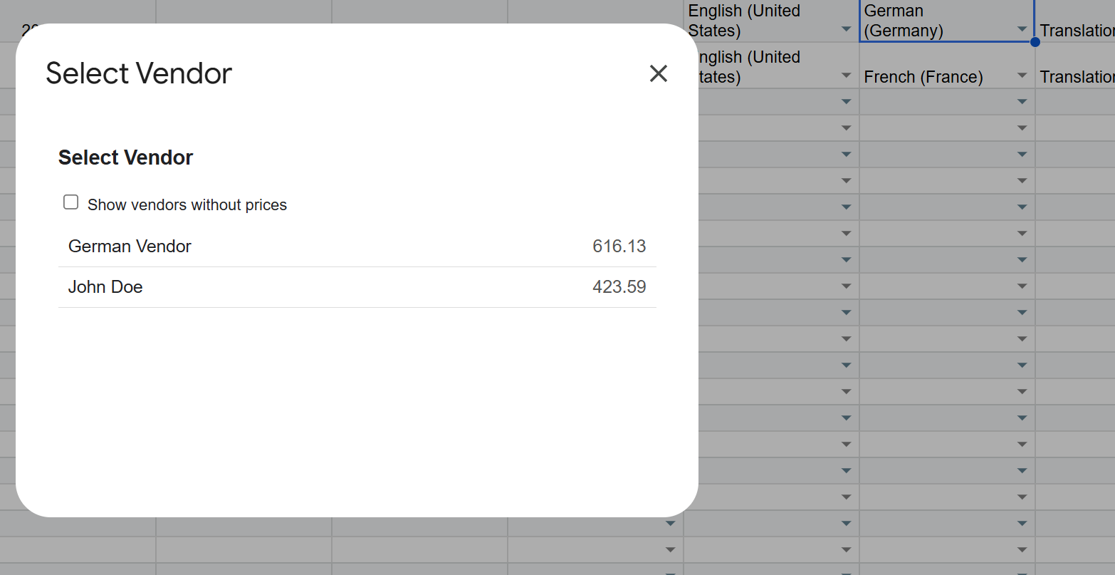 Screenshot: Select vendor dialog with calculated costs