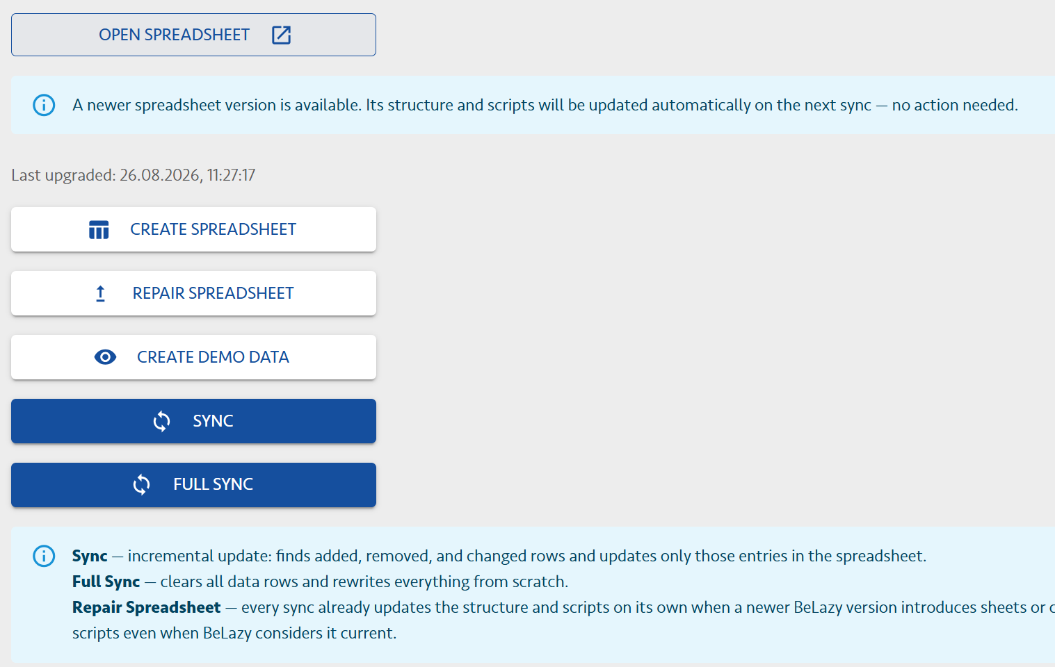 Screenshot: Sync, Full Sync and Repair Spreadsheet buttons