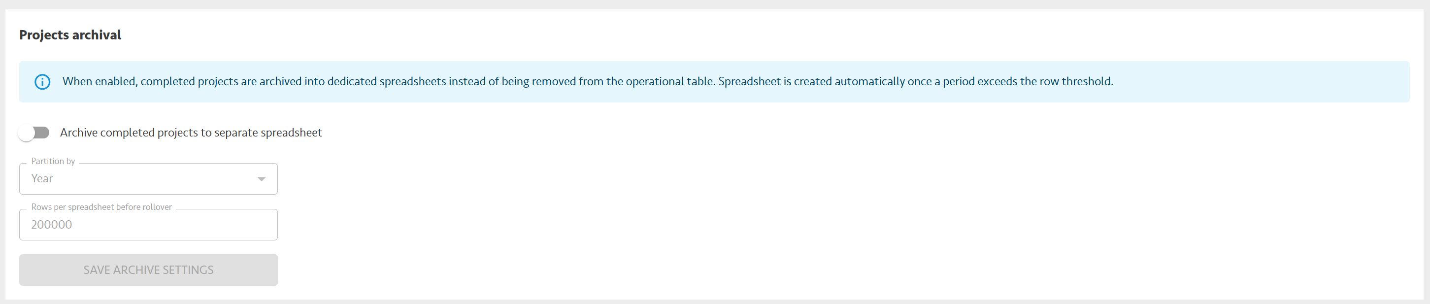 Screenshot: Projects archival settings