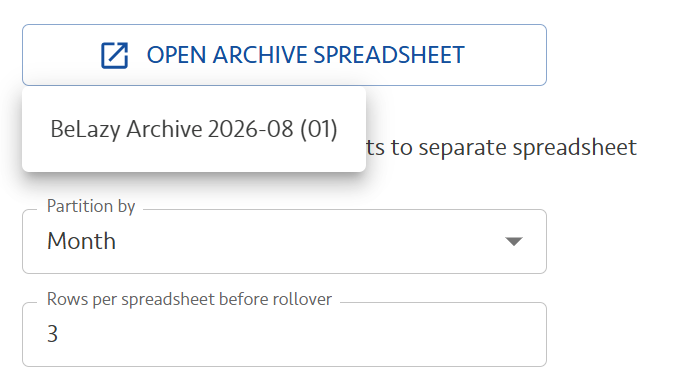 Screenshot: list of archive spreadsheets