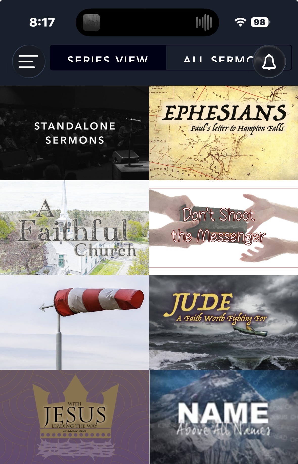 iPhone app with clipped button labels and All Sermons partially hidden by the bell