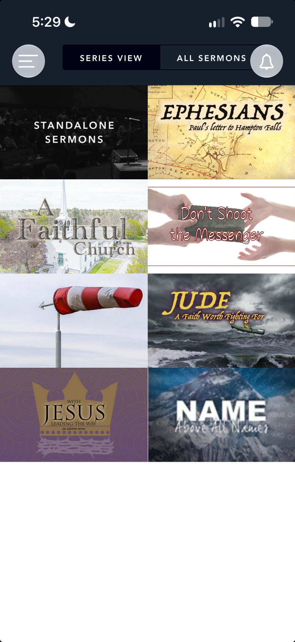 iPhone app with fully visible Series View and All Sermons button labels