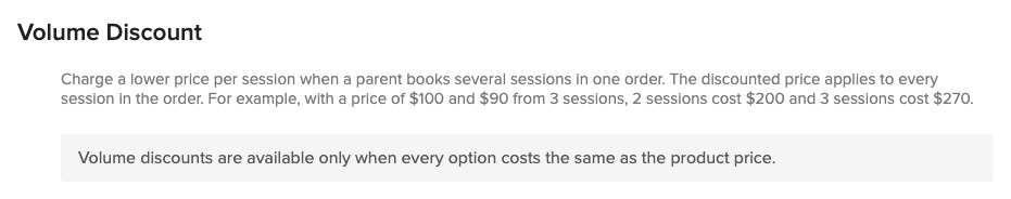 The Volume Discount section showing the message: Volume discounts are available only when every option costs the same as the product price.