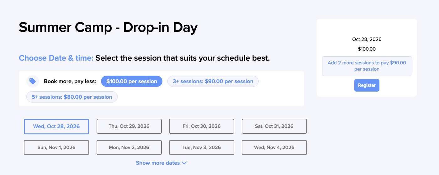 Product page with one date selected: the strip highlights $100.00 per session, and the order box suggests adding 2 more sessions to pay $90.00 per session.