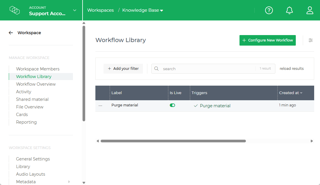 Limecraft screenshot showing the Workflow Library section of the workspace settings for configuring Limecraft Workflows. 