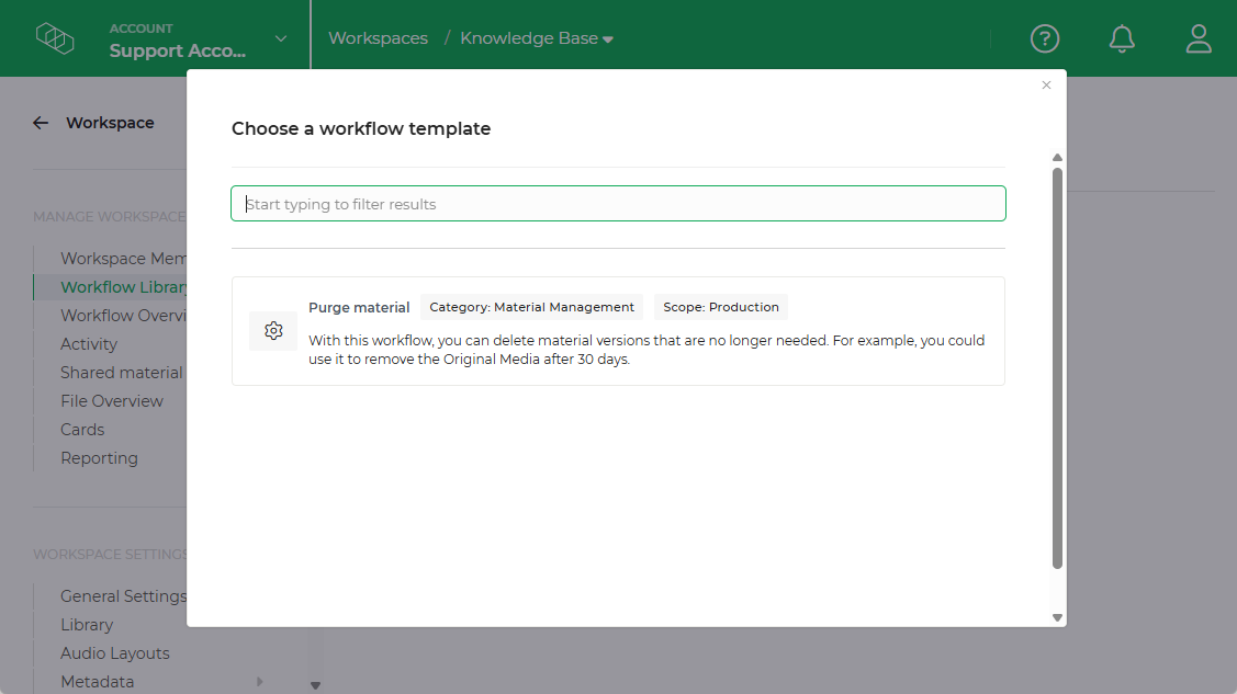 Limecraft screenshot showing where to select a workflow template. 