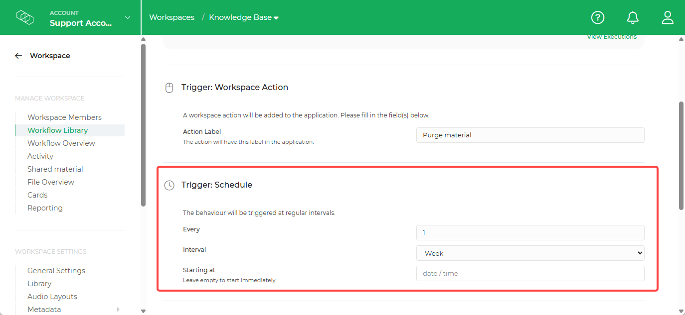 Limecraft screenshot showing how to configure a workflows schedule. 