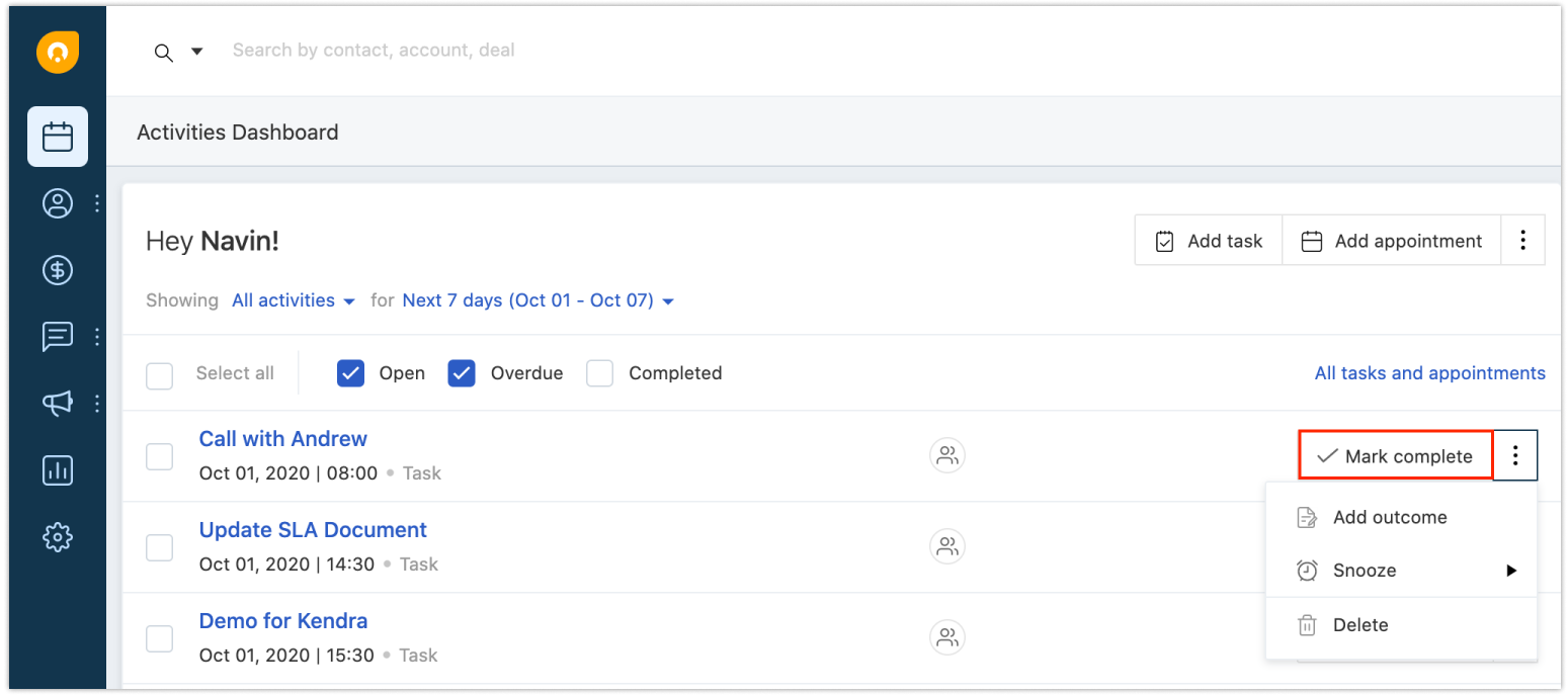 How do I mark a task as complete and view them FreshworksCRM
