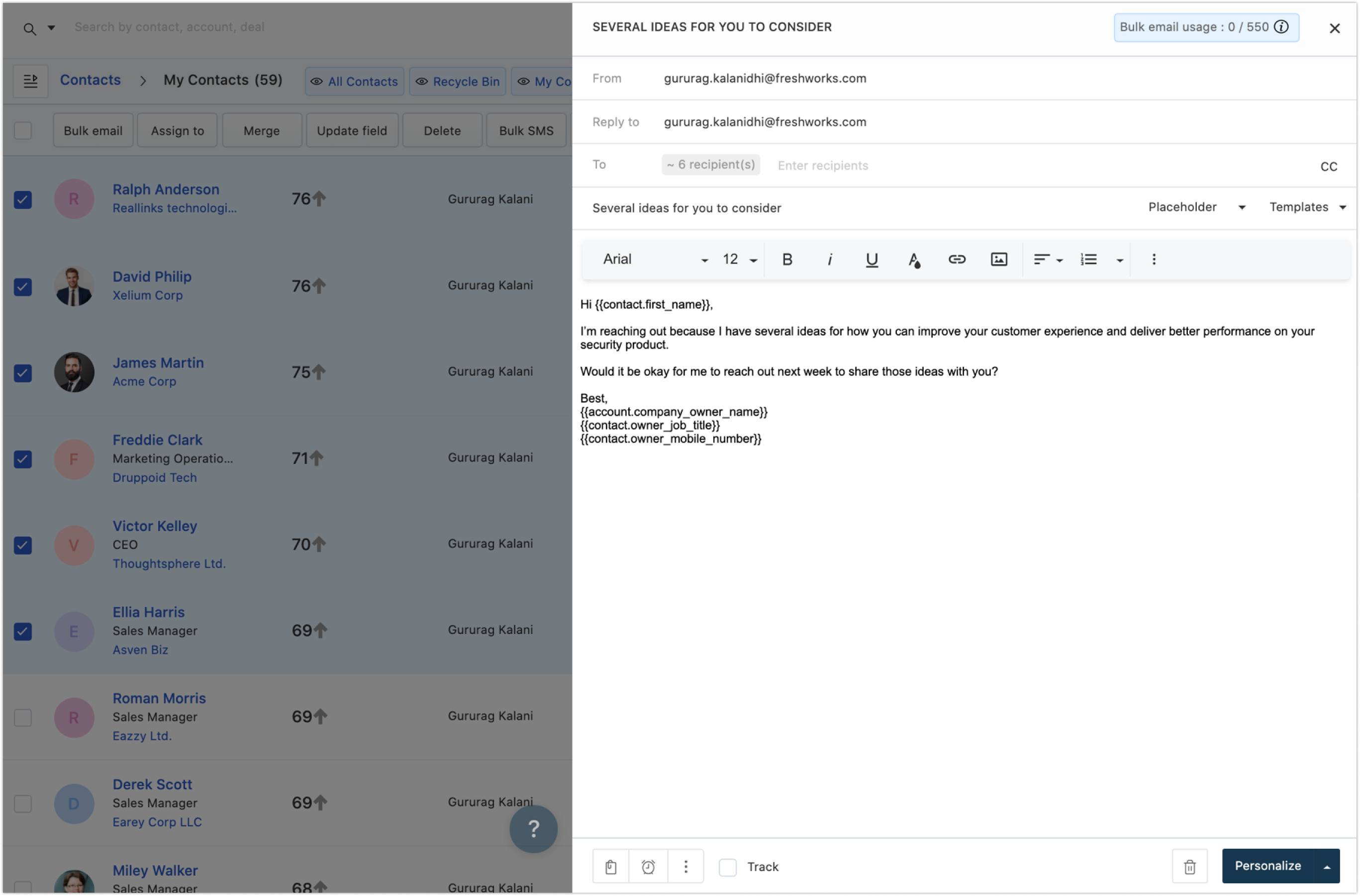 How to send bulk email to contacts? Freshsales