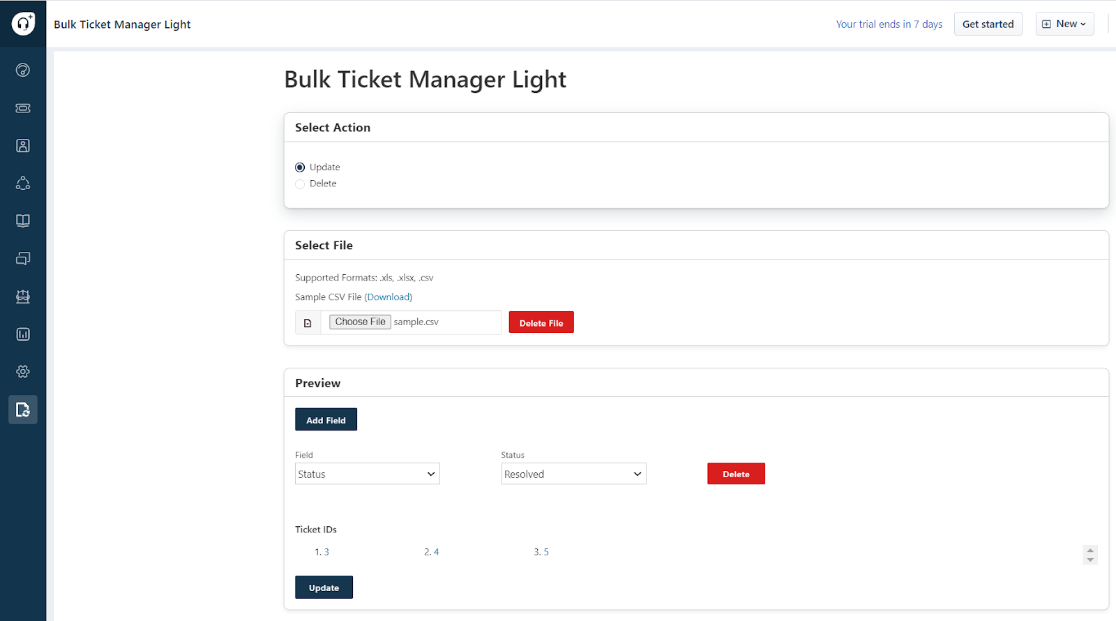 Bulk Ticket Manager Light app configuration