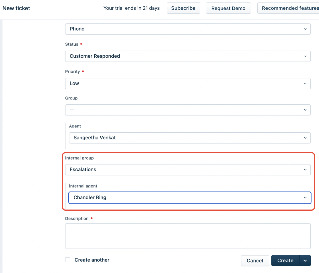 Assigning internal groups and agents for a new ticket