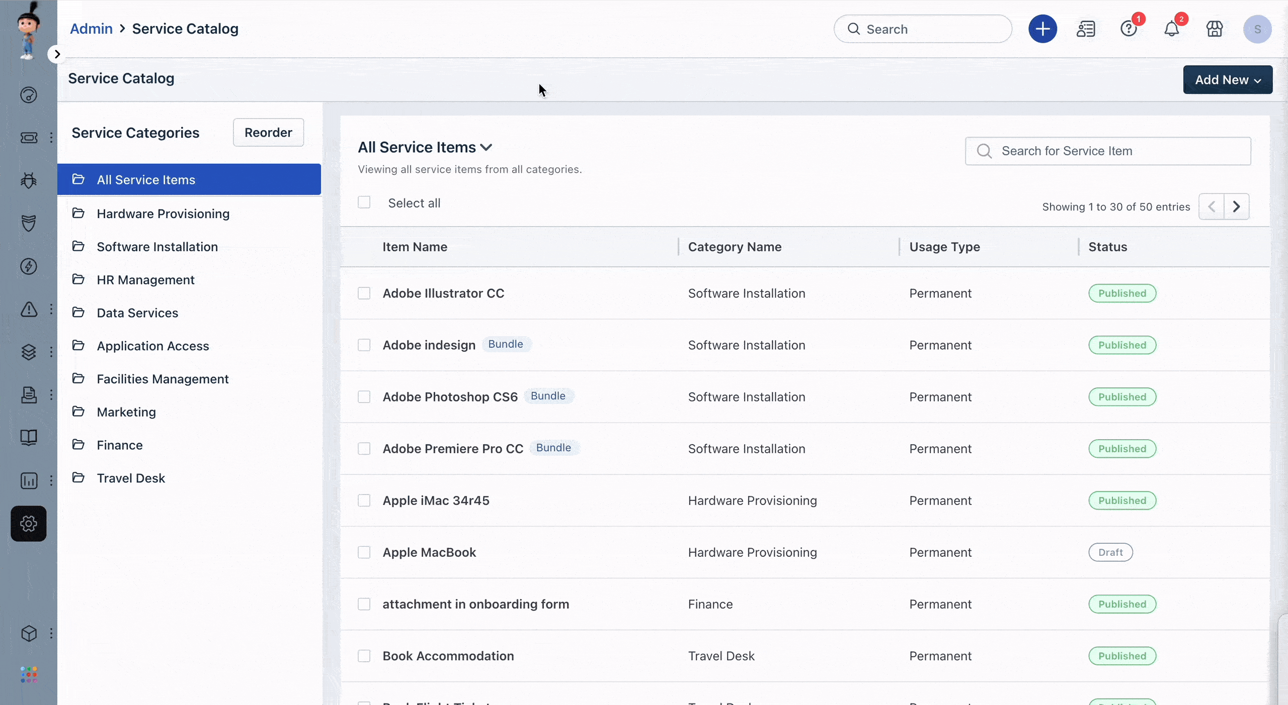 Different field types in creating a service item in Freshservice