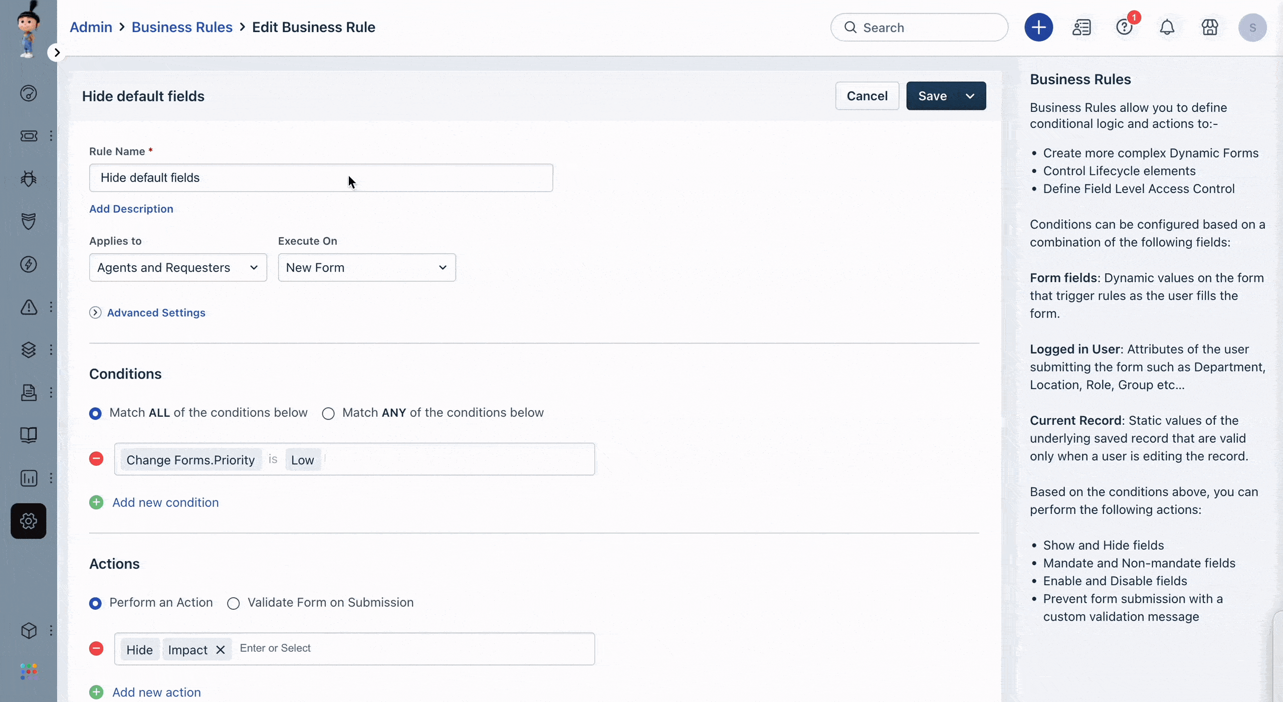 Hiding unused default fields in a Change