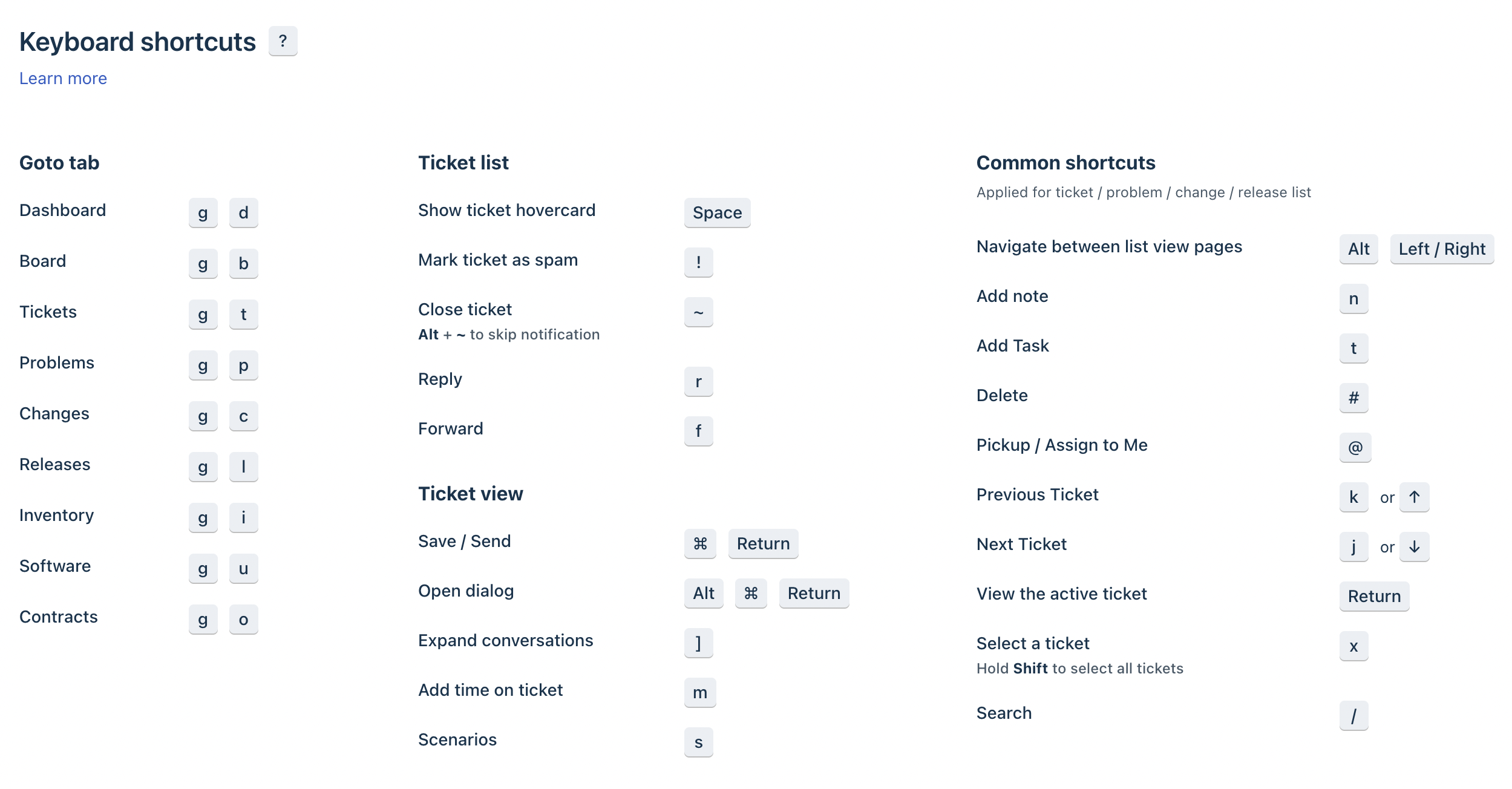 Keyboard shortcuts for Freshservice