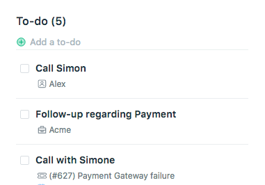 Dashboard to-do collates all to-dos across contacts, companies, and tickets.