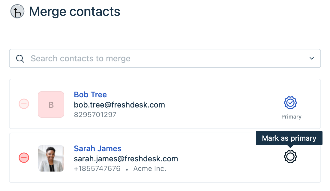 Marking a contact as Primary.