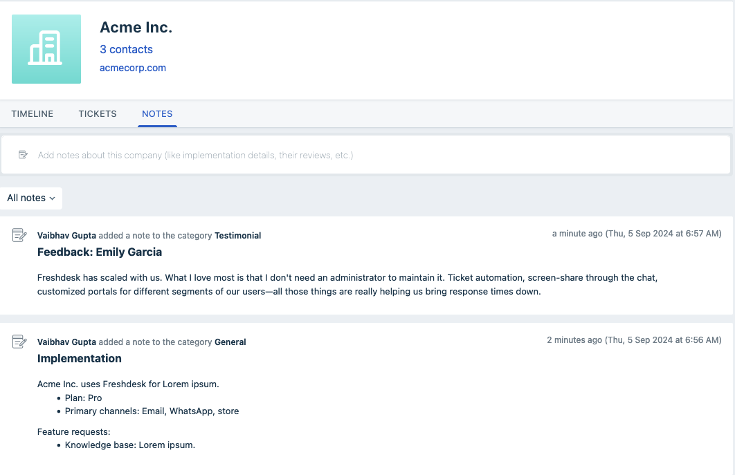 A sample of notes added to a company's Notes tab.