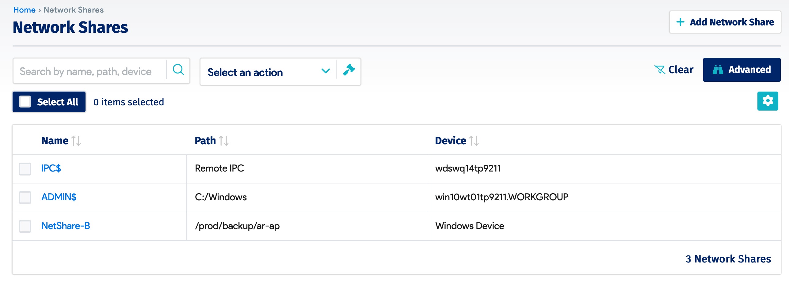 Network Shares list page