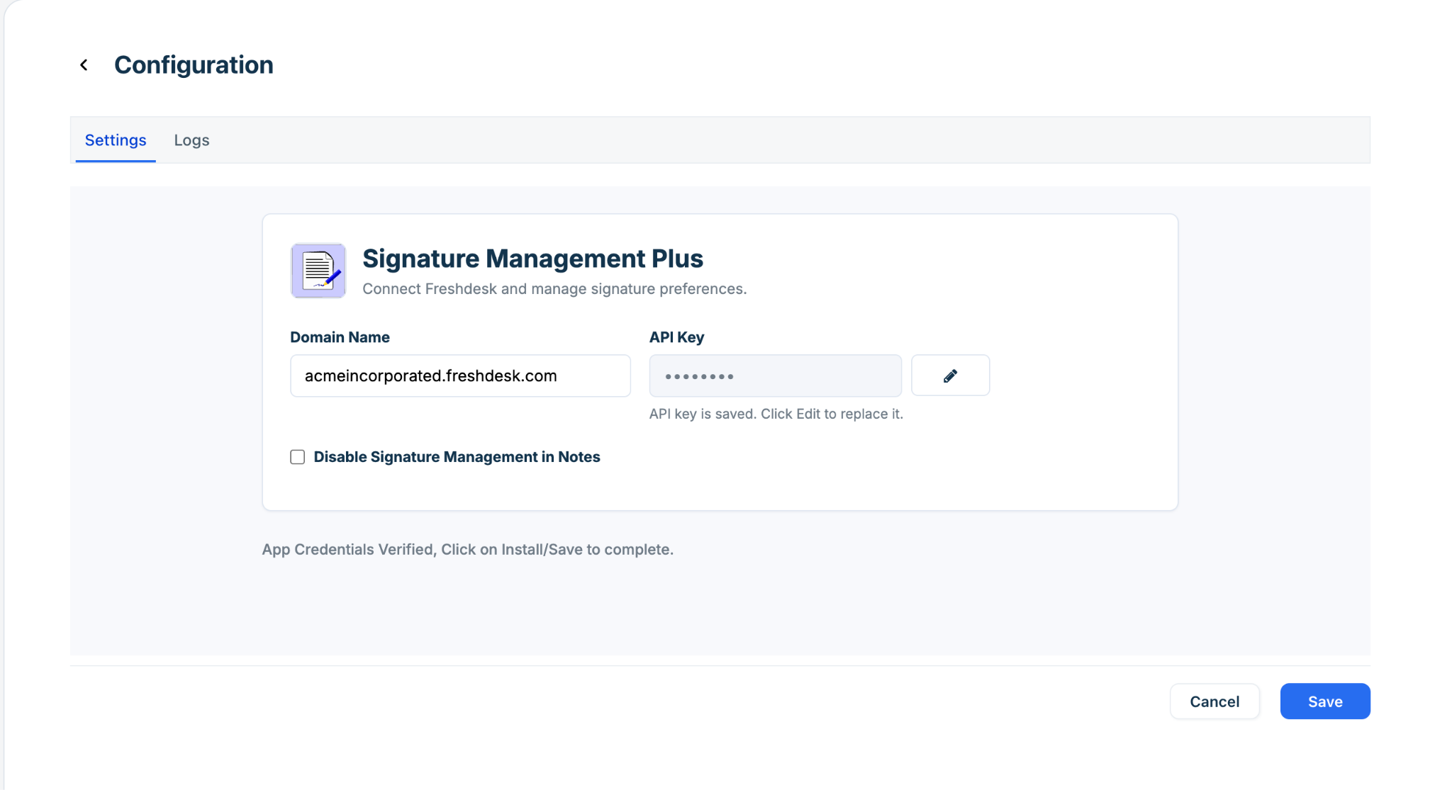 Settings page for Signature Management Plus App where Domain name and API key are saved.