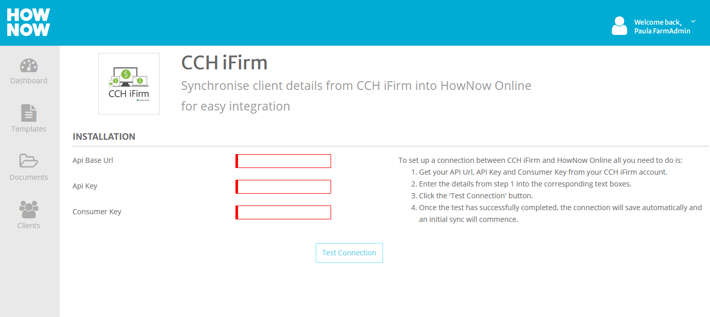 Create a connection to CCH iFirm Business Fitness Help & Support