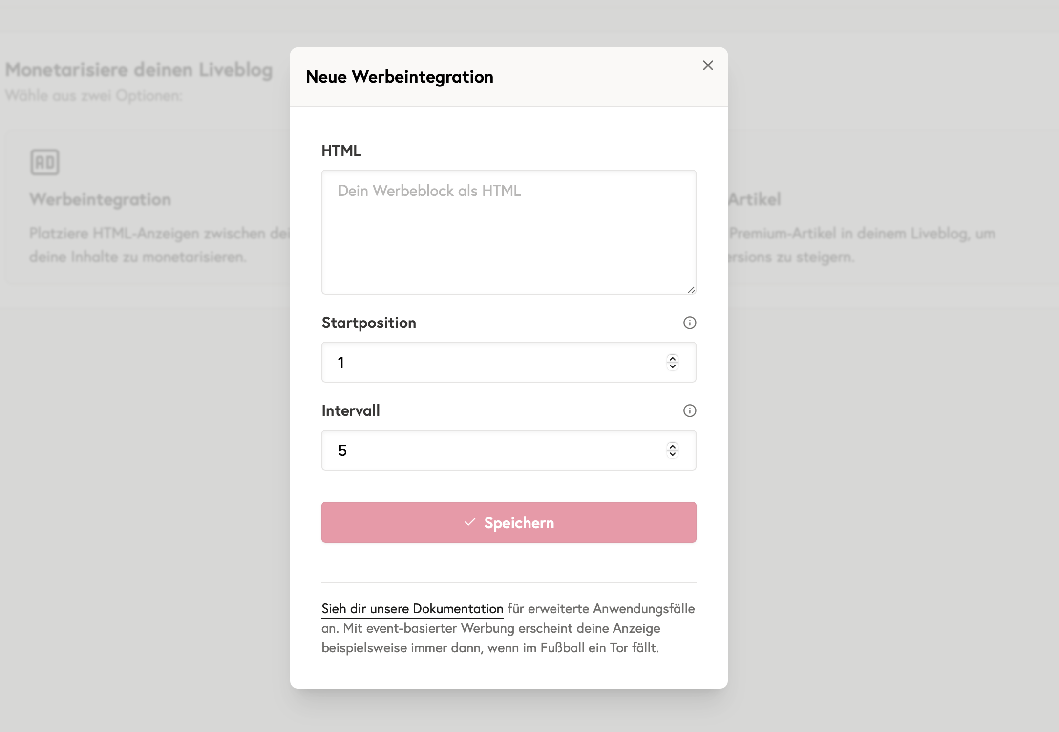Werbeintegration innerhalb Liveblogs erstellen