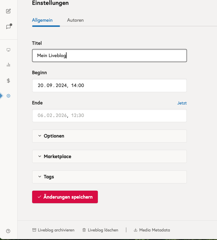 Liveblog Einstellungen