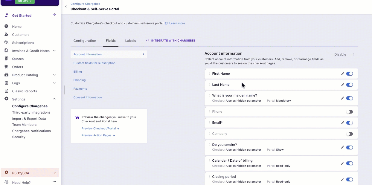 How to rearrange fields in Chargebee? : Chargebee Help Center