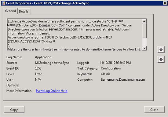 Event 1053, MSExchange Active Sync