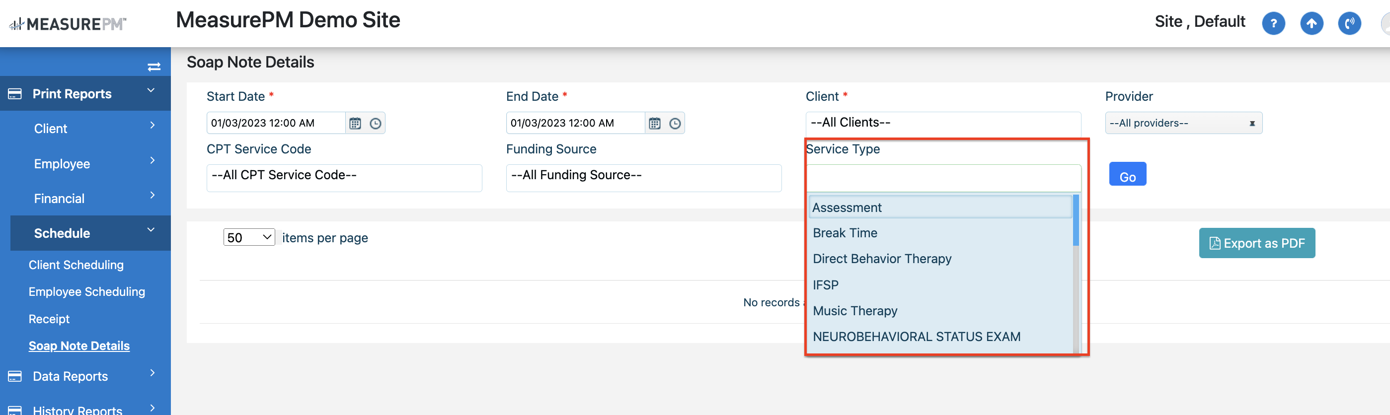 Service Type filter in Soap Note Details Report MEASUREPM