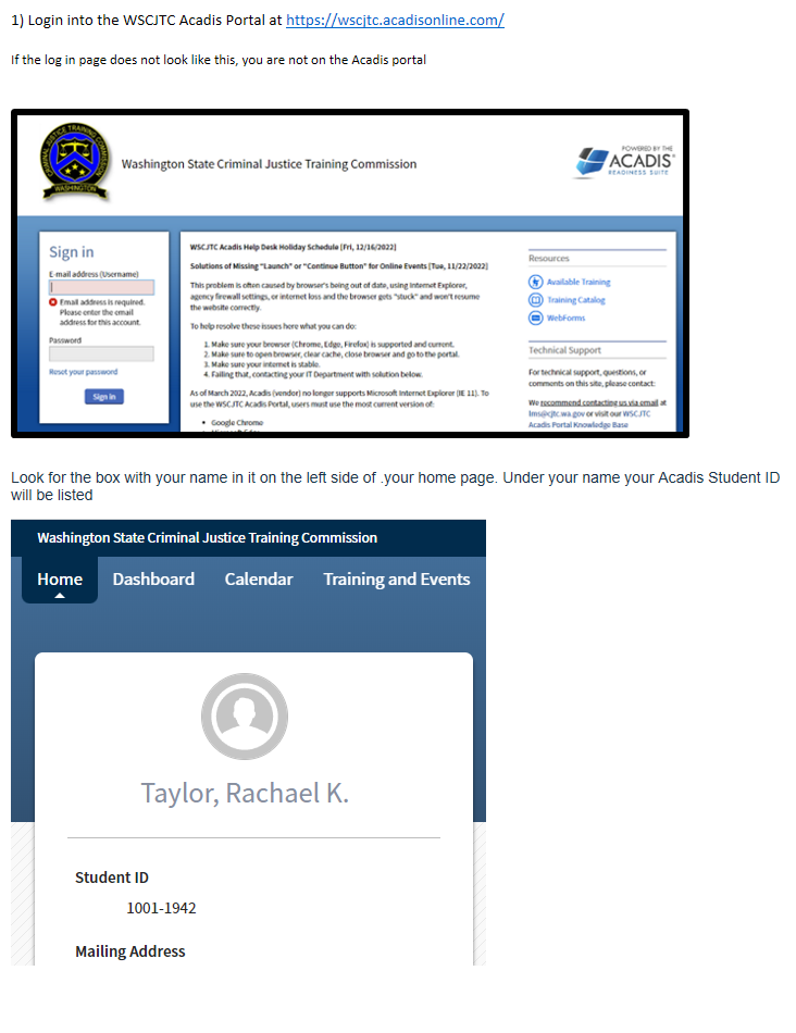 Finding your Acadis Student ID (SID) WA State Criminal Justice