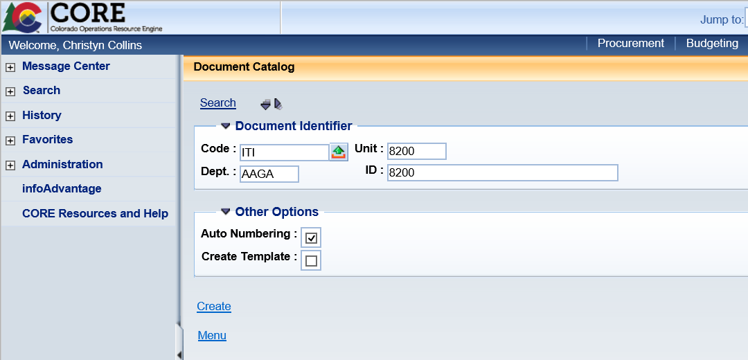 CORE Document Catalog search screen with code, unit, department, ID, and auto numbering fields populated