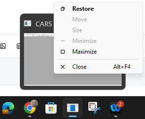 a screenshot of the context menu that appears when the mouse-over pop-up is right-clicked, showing selectable options "Restore", "Maximize" and "Close"