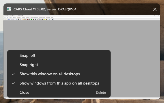 A screenshot showing the context menu that appears when a task is right-clicked while in Task Viewer mode. The options "Snap left", "Snap right" appear (unchecked) followed by the options "Show this window on all desktops" and "Show windows from this app on all desktops" (both checked), and finally the option to "Close" the context menu.