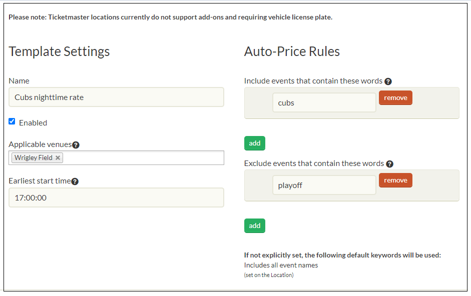 This sample template pricing group is designed to price all Wrigley Field Cubs games starting at 5 PM or later, with the exception of Cubs playoff games. This sample template pricing group is designed to price all Wrigley Field Cubs games starting at 5 PM or later, with the exception of Cubs playoff games.