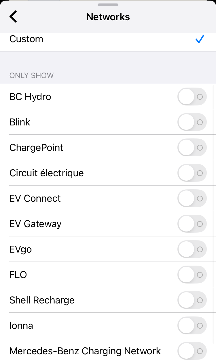 Screenshot of ChargePoint app showing all station brands listed in the Custom filter list. BC Hydro, Blink, ChargePoint, Circuit electrique, EV Connect, EV Gateway, EVgo, FLO, Shell Recharge, Ionna, and Mercedes-Benz Charging Network
