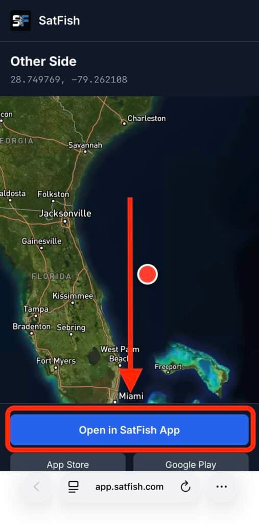 Click the open in satfish app button in your browser to add the shared waypoint into your satfish offshore fishing maps app.