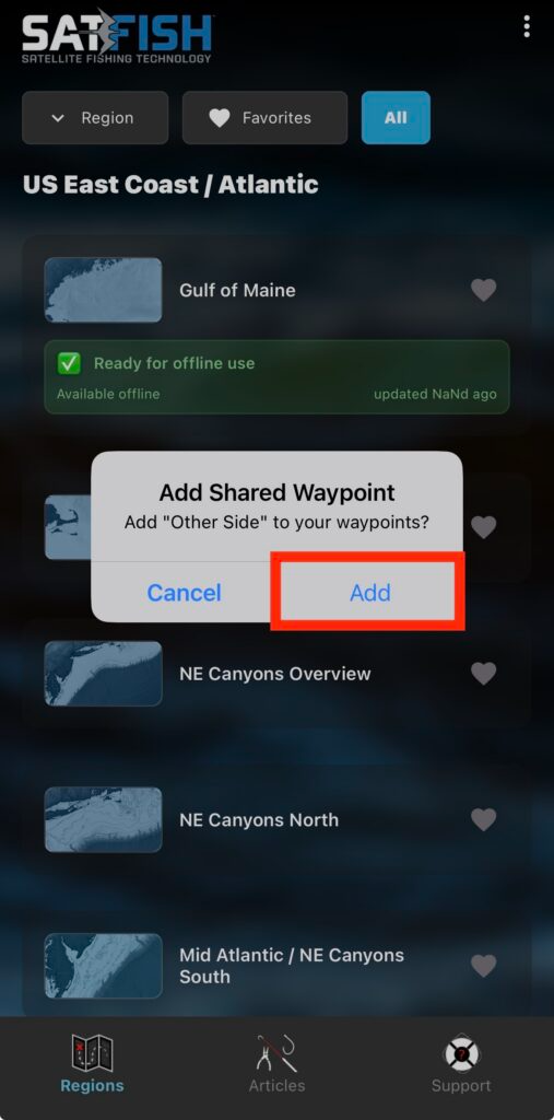 click the add shared waypoint to add the waypoint to your SatFish offshore fishing maps.