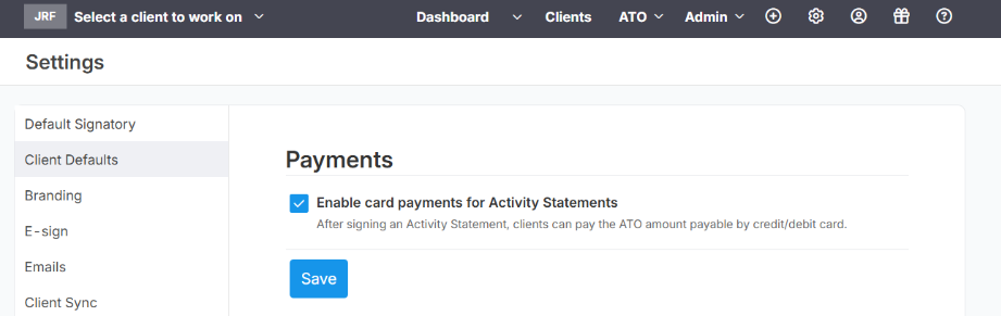 Enable card payments setting in Client Defaults