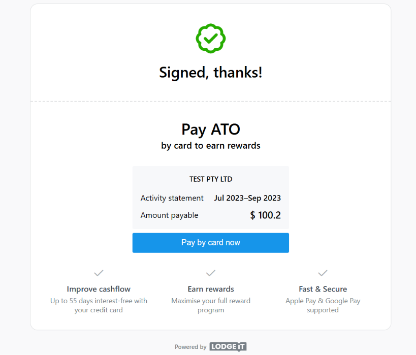 Signed thanks confirmation with payment summary