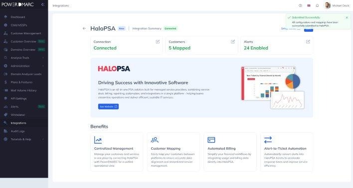 Resumen de la integración: estado de conexión con los clientes asignados y alertas activadas