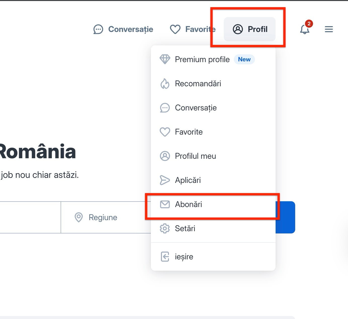 Accesarea secțiunii Abonări din meniul de profil Jooble